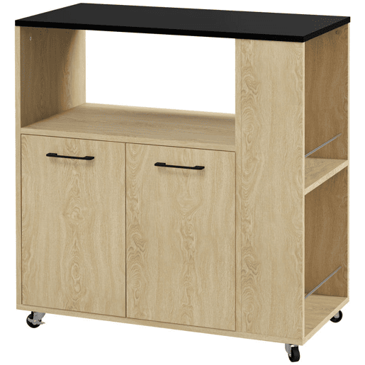 HOMCOM Carrinho Auxiliar com Rodas Carrinho de Cozinha com 2 Portas Prateleira Ajustável Porta-Especiarias para Sala de Jantar 75x40x80,5 cm Madeira