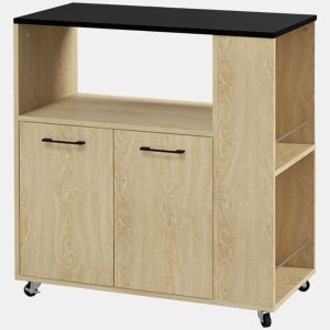 HOMCOM Carrinho Auxiliar com Rodas Carrinho de Cozinha com 2 Portas Prateleira Ajustável Porta-Especiarias para Sala de Jantar 75x40x80,5 cm Madeira