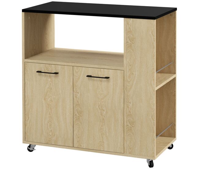 Homcom carrito auxiliar con ruedas, carrito de cocina con 2 puertas, estante ajustable, especieros, para comedor, 75x40x80,5 cm, natural
