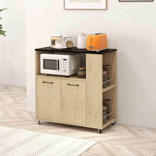 HOMCOM Carrinho Auxiliar com Rodas Carrinho de Cozinha com 2 Portas Prateleira Ajustável Porta-Especiarias para Sala de Jantar 75x40x80,5 cm Madeira