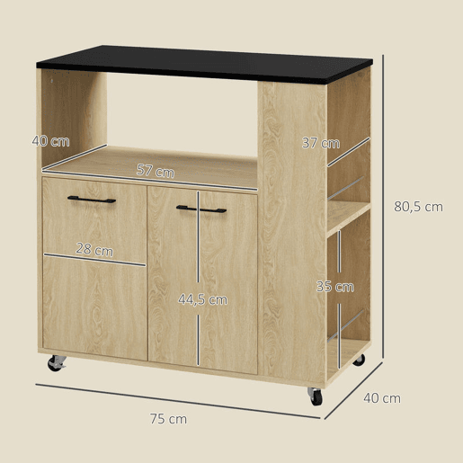 HOMCOM Carrinho Auxiliar com Rodas Carrinho de Cozinha com 2 Portas Prateleira Ajustável Porta-Especiarias para Sala de Jantar 75x40x80,5 cm Madeira
