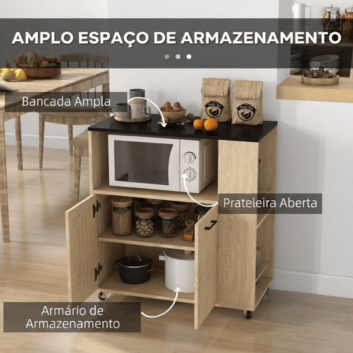 HOMCOM Carrinho Auxiliar com Rodas Carrinho de Cozinha com 2 Portas Prateleira Ajustável Porta-Especiarias para Sala de Jantar 75x40x80,5 cm Madeira