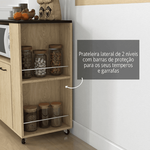 HOMCOM Carrinho Auxiliar com Rodas Carrinho de Cozinha com 2 Portas Prateleira Ajustável Porta-Especiarias para Sala de Jantar 75x40x80,5 cm Madeira