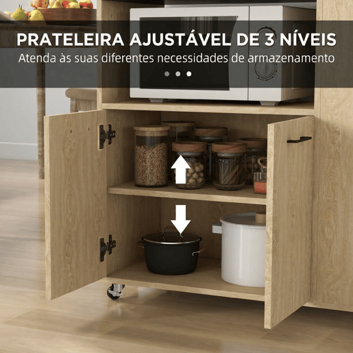 HOMCOM Carrinho Auxiliar com Rodas Carrinho de Cozinha com 2 Portas Prateleira Ajustável Porta-Especiarias para Sala de Jantar 75x40x80,5 cm Madeira