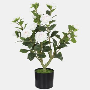 HOMCOM Planta Artificial de Camélia 65 cm Árvore Artificial em Vaso com Flores de Seda Realistas 116 Folhas e Efeito de Musgo para Interior e Exterior Ø15x65 cm Branco