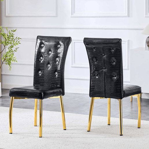 Cadeiras de sala de jantar 2 unidades - Retro pele de crocodilo acolchoadas, fivela de cristal - Preto, Dourado