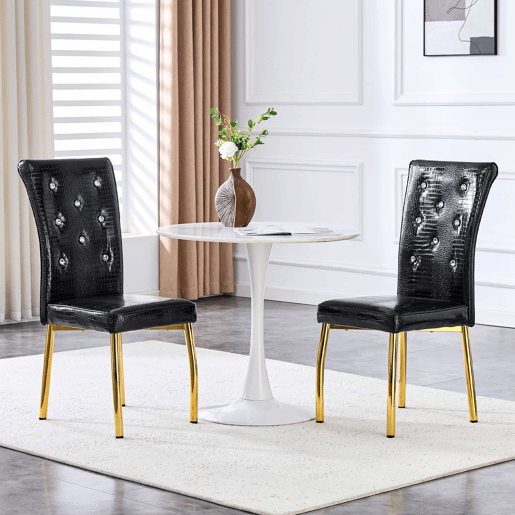Cadeiras de sala de jantar 2 unidades - Retro pele de crocodilo acolchoadas, fivela de cristal - Preto, Dourado