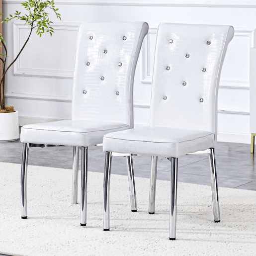 Cadeiras de sala de jantar 2 unidades - Estofamento retro em pele de crocodilo, fivela em cristal, pernas em metal - Branco Cadeiras de sala de jantar 2 unidades - Estofamento retro em pele de crocodilo, fivela em cristal, pernas em metal - Branco