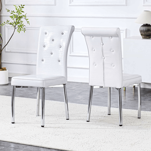 Cadeiras de sala de jantar 2 unidades - Estofamento retro em pele de crocodilo, fivela em cristal, pernas em metal - Branco Cadeiras de sala de jantar 2 unidades - Estofamento retro em pele de crocodilo, fivela em cristal, pernas em metal - Branco