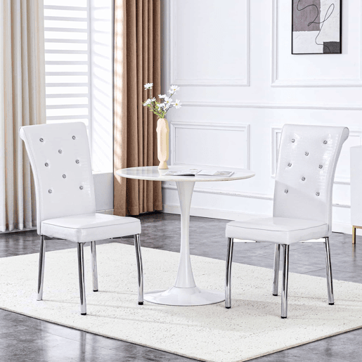 Cadeiras de sala de jantar 2 unidades - Estofamento retro em pele de crocodilo, fivela em cristal, pernas em metal - Branco Cadeiras de sala de jantar 2 unidades - Estofamento retro em pele de crocodilo, fivela em cristal, pernas em metal - Branco