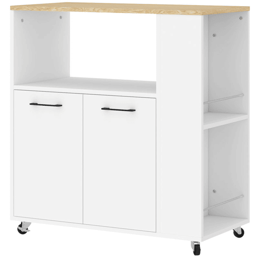 HOMCOM Carrinho Auxiliar com Rodas Carrinho de Cozinha com 2 Portas Prateleira Ajustável Porta-Especiarias para Sala de Jantar 75x40x80,5 cm Branco