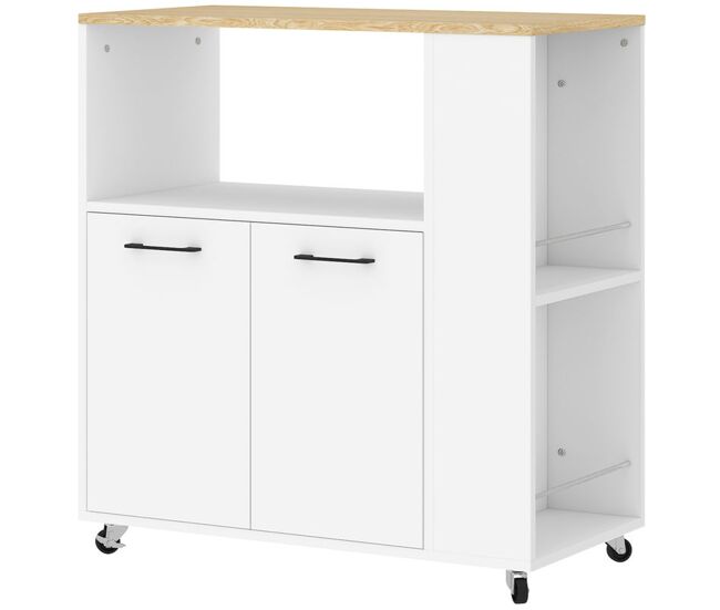 Homcom carrito auxiliar con ruedas, carrito de cocina con 2 puertas, estante ajustable, especieros, para comedor, 75x40x80,5 cm, blanco
