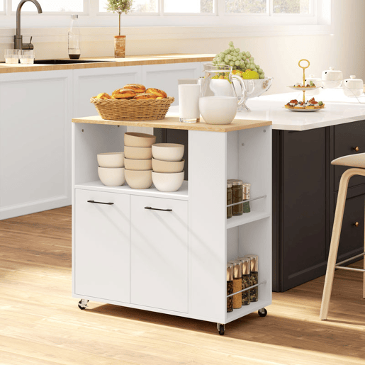 HOMCOM Carrinho Auxiliar com Rodas Carrinho de Cozinha com 2 Portas Prateleira Ajustável Porta-Especiarias para Sala de Jantar 75x40x80,5 cm Branco