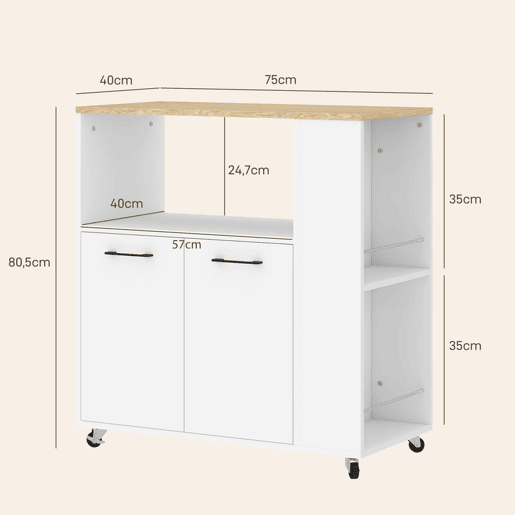 HOMCOM Carrinho Auxiliar com Rodas Carrinho de Cozinha com 2 Portas Prateleira Ajustável Porta-Especiarias para Sala de Jantar 75x40x80,5 cm Branco
