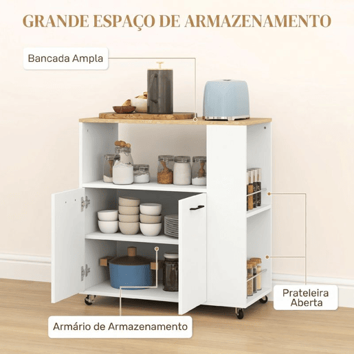 HOMCOM Carrinho Auxiliar com Rodas Carrinho de Cozinha com 2 Portas Prateleira Ajustável Porta-Especiarias para Sala de Jantar 75x40x80,5 cm Branco