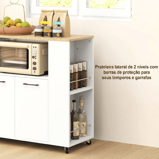HOMCOM Carrinho Auxiliar com Rodas Carrinho de Cozinha com 2 Portas Prateleira Ajustável Porta-Especiarias para Sala de Jantar 75x40x80,5 cm Branco