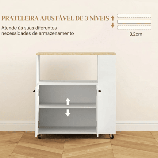 HOMCOM Carrinho Auxiliar com Rodas Carrinho de Cozinha com 2 Portas Prateleira Ajustável Porta-Especiarias para Sala de Jantar 75x40x80,5 cm Branco