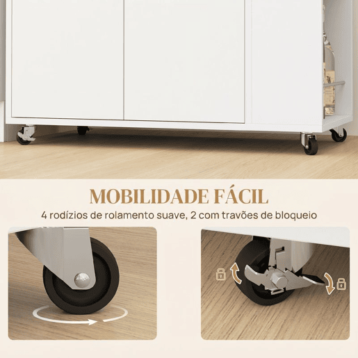 HOMCOM Carrinho Auxiliar com Rodas Carrinho de Cozinha com 2 Portas Prateleira Ajustável Porta-Especiarias para Sala de Jantar 75x40x80,5 cm Branco