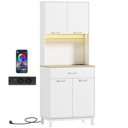 HOMCOM Aparador de Cozinha com Luzes LED e Estação de Carregamento, Controlo por APP, Móvel Auxiliar com 4 Portas, Gaveta, Bancada Aberta para Micro-ondas, Prateleiras Ajustáveis, 71x40x180 cm, Branco