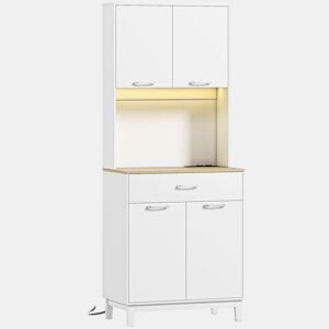 HOMCOM Aparador de Cozinha com Luzes LED e Estação de Carregamento, Controlo por APP, Móvel Auxiliar com 4 Portas, Gaveta, Bancada Aberta para Micro-ondas, Prateleiras Ajustáveis, 71x40x180 cm, Branco