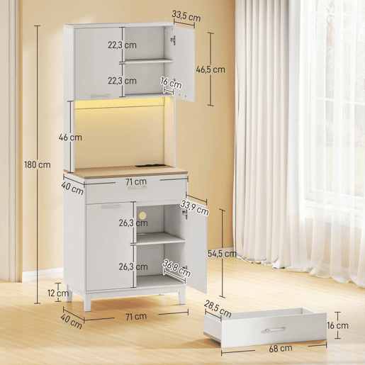 HOMCOM Aparador de Cozinha com Luzes LED e Estação de Carregamento, Controlo por APP, Móvel Auxiliar com 4 Portas, Gaveta, Bancada Aberta para Micro-ondas, Prateleiras Ajustáveis, 71x40x180 cm, Branco