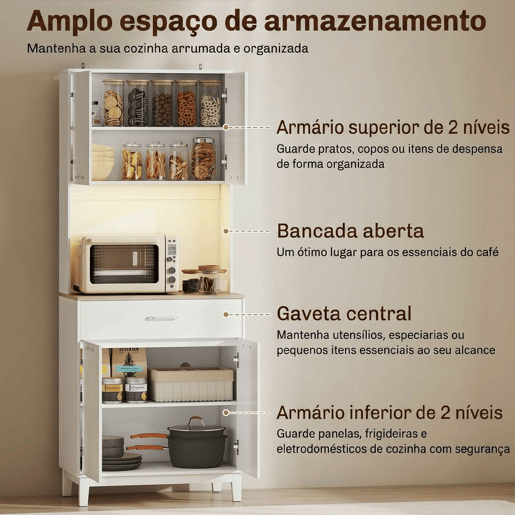 HOMCOM Aparador de Cozinha com Luzes LED e Estação de Carregamento, Controlo por APP, Móvel Auxiliar com 4 Portas, Gaveta, Bancada Aberta para Micro-ondas, Prateleiras Ajustáveis, 71x40x180 cm, Branco
