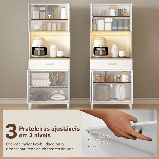 HOMCOM Aparador de Cozinha com Luzes LED e Estação de Carregamento, Controlo por APP, Móvel Auxiliar com 4 Portas, Gaveta, Bancada Aberta para Micro-ondas, Prateleiras Ajustáveis, 71x40x180 cm, Branco