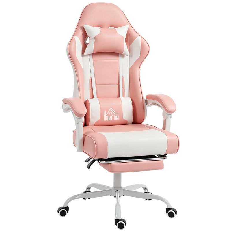 Homcom silla gaming ergonómica, silla gamer con lumbar masaje vibración, reclinable 155°, altura ajustable, reposacabezas y reposapiés retráctil, para oficina, estudio, rosa