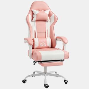 HOMCOM Cadeira Gaming Cadeira de Escritório Ergonómica Reclinável 155° com Suporte Lombar com Massagem Apoio de Cabeça Apoio para os Pés Altura Ajustável e Giratória 63x66x126-134 cm Rosa e Branco