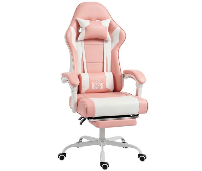Homcom silla gaming ergonómica, silla gamer con lumbar masaje vibración, reclinable 155°, altura ajustable, reposacabezas y reposapiés retráctil, para oficina, estudio, rosa