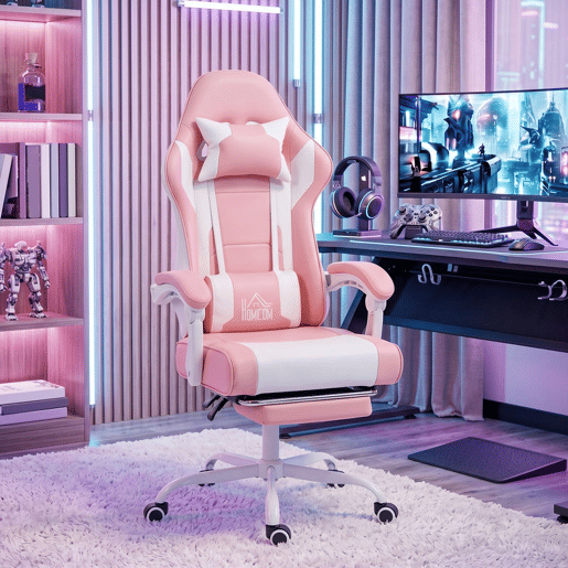 HOMCOM Cadeira Gaming Cadeira de Escritório Ergonómica Reclinável 155° com Suporte Lombar com Massagem Apoio de Cabeça Apoio para os Pés Altura Ajustável e Giratória 63x66x126-134 cm Rosa e Branco HOMCOM Cadeira Gaming Cadeira de Escritório Ergonómica Reclinável 155° com Suporte Lombar com Massagem Apoio de Cabeça Apoio para os Pés Altura Ajustável e Giratória 63x66x126-134 cm Rosa e Branco