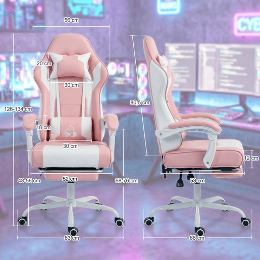 HOMCOM Cadeira Gaming Cadeira de Escritório Ergonómica Reclinável 155° com Suporte Lombar com Massagem Apoio de Cabeça Apoio para os Pés Altura Ajustável e Giratória 63x66x126-134 cm Rosa e Branco HOMCOM Cadeira Gaming Cadeira de Escritório Ergonómica Reclinável 155° com Suporte Lombar com Massagem Apoio de Cabeça Apoio para os Pés Altura Ajustável e Giratória 63x66x126-134 cm Rosa e Branco