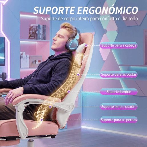 HOMCOM Cadeira Gaming Cadeira de Escritório Ergonómica Reclinável 155° com Suporte Lombar com Massagem Apoio de Cabeça Apoio para os Pés Altura Ajustável e Giratória 63x66x126-134 cm Rosa e Branco HOMCOM Cadeira Gaming Cadeira de Escritório Ergonómica Reclinável 155° com Suporte Lombar com Massagem Apoio de Cabeça Apoio para os Pés Altura Ajustável e Giratória 63x66x126-134 cm Rosa e Branco