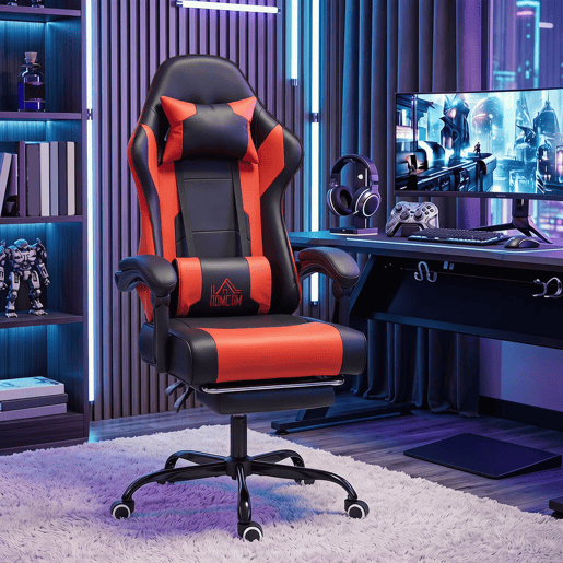 HOMCOM Cadeira Gaming Ergonómica, Cadeira Gamer com Massagem Lombar Vibratória, Reclinável 155°, Altura Ajustável, Apoio de Cabeça e Apoio para os Pés Retrátil, para Escritório, Estudo, Vermelho