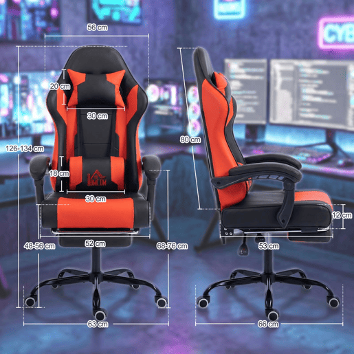 HOMCOM Cadeira Gaming Ergonómica, Cadeira Gamer com Massagem Lombar Vibratória, Reclinável 155°, Altura Ajustável, Apoio de Cabeça e Apoio para os Pés Retrátil, para Escritório, Estudo, Vermelho