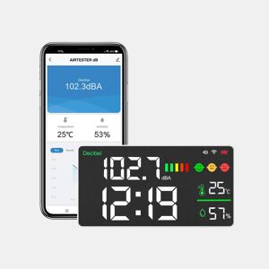 Medidor de nível sonoro de decibéis WIFI com controlo da aplicação para acompanhar o nível sonoro remotamente em qualquer altura. Gama de medição: 30-130dBA. Inclui carregador de parede. Também mede a temperatura, a humidade e o tempo.