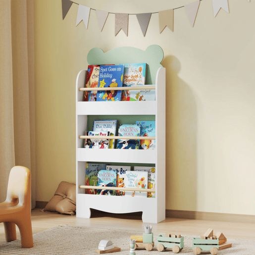 AIYAPLAY Estante Infantil de 3 Níveis Estante para Livros Infantil Design de Ursinho para Sala de Jogos Quarto Creche Verde