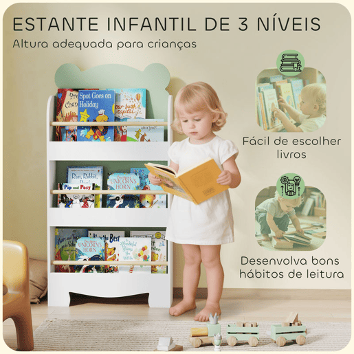 AIYAPLAY Estante Infantil de 3 Níveis Estante para Livros Infantil Design de Ursinho para Sala de Jogos Quarto Creche Verde