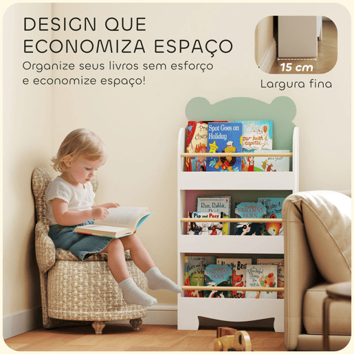 AIYAPLAY Estante Infantil de 3 Níveis Estante para Livros Infantil Design de Ursinho para Sala de Jogos Quarto Creche Verde