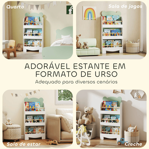 AIYAPLAY Estante Infantil de 3 Níveis Estante para Livros Infantil Design de Ursinho para Sala de Jogos Quarto Creche Verde