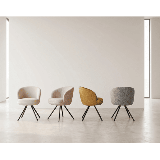 Conjunto de 4 poltronas estofadas com almofada dupla cor bege salpicada e pés metálicos pretos Conjunto de 4 poltronas estofadas com almofada dupla cor bege salpicada e pés metálicos pretos