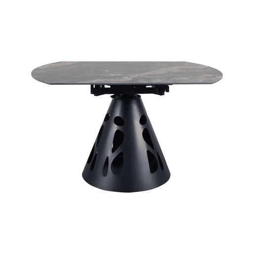 Mesa redonda extensível, diâmetro 135 cm, com pé central metálico e tampo em cerâmica mármore Black Geology