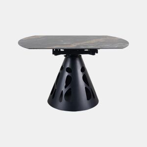 Mesa redonda extensível, diâmetro 135 cm, com pé central metálico e tampo em cerâmica mármore Black Geology