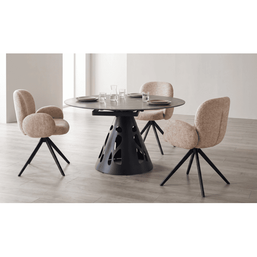 Mesa redonda extensível, diâmetro 135 cm, com pé central metálico e tampo em cerâmica mármore Black Geology