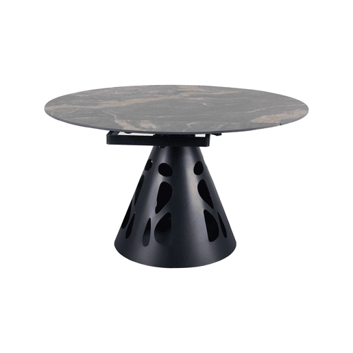 Mesa redonda extensível, diâmetro 135 cm, com pé central metálico e tampo em cerâmica mármore Black Geology