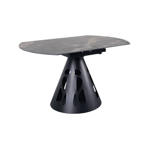 Mesa redonda extensível, diâmetro 135 cm, com pé central metálico e tampo em cerâmica mármore Black Geology