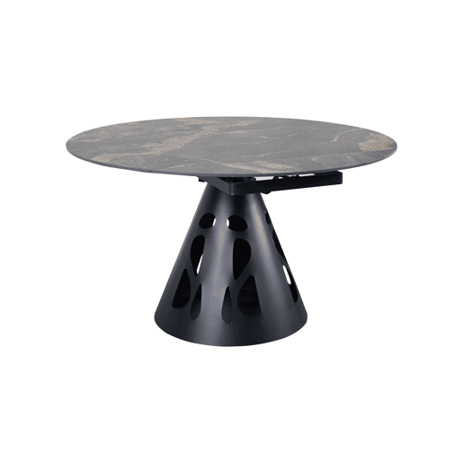 Mesa redonda extensível, diâmetro 135 cm, com pé central metálico e tampo em cerâmica mármore Black Geology