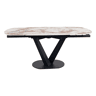 Mesa extensível 120160x90 com pé central metálico e tampo cerâmico em mármore Patagonia