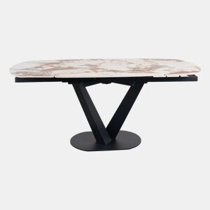 Mesa extensível 120160x90 com pé central metálico e tampo cerâmico em mármore Patagonia