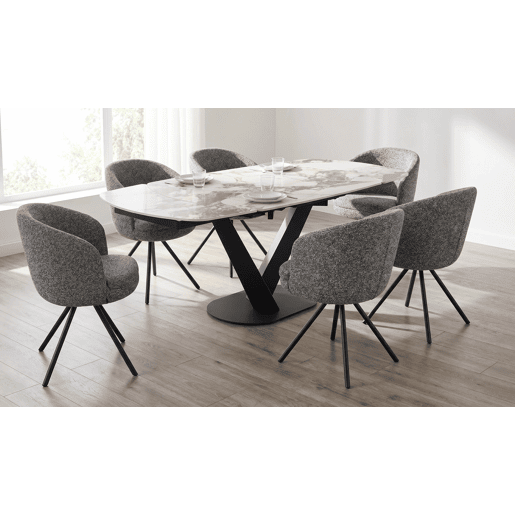Mesa extensível 120160x90 com pé central metálico e tampo cerâmico em mármore Patagonia Mesa extensível 120160x90 com pé central metálico e tampo cerâmico em mármore Patagonia